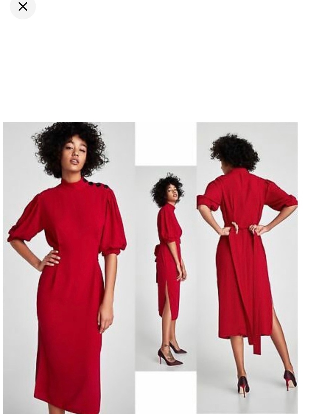 Zara Puff-Sleeve Red Midi Dress with High Neck